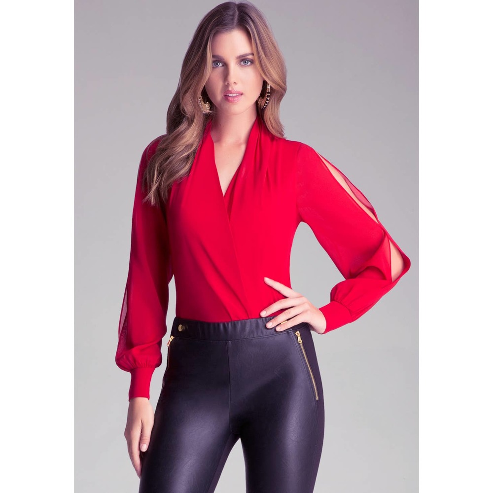 BEBE Women's Green Slit Long Sleeve Faux Wrap Surplice Neck Bodysuit size S NWT